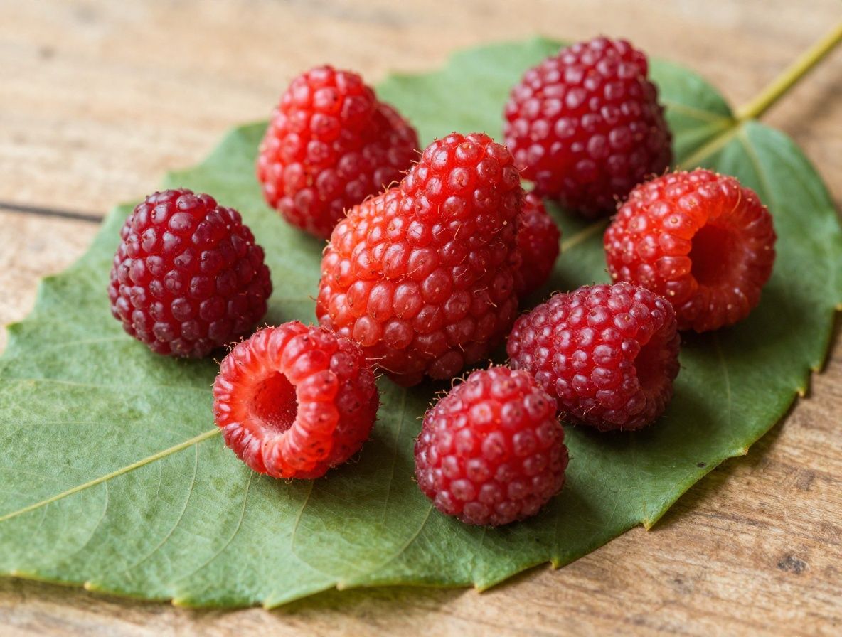 Frutos rojos y bayas silvestres frescos sobre hoja de madera, tonos vibrantes y naturales, composición artística sobre fondo oscuro