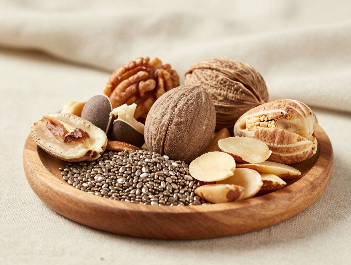 Semillas de chía, nueces y almendras crudas en cuencos de madera sobre tela de lino natural, composición de ingredientes nutritivos con textura visible