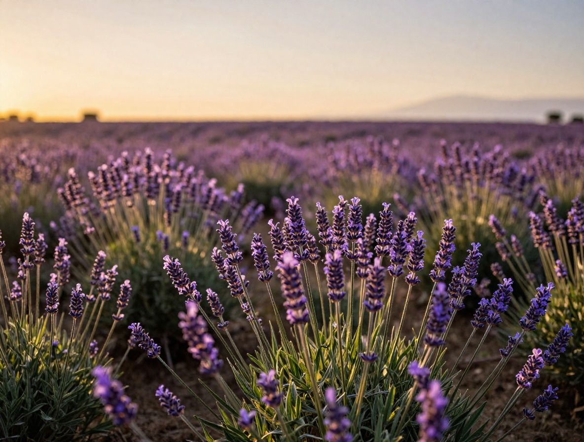 Flores de lavanda en campo abierto bajo luz dorada del atardecer, fondo desenfocado con tonos morados y verdes, atmósfera calmada y natural