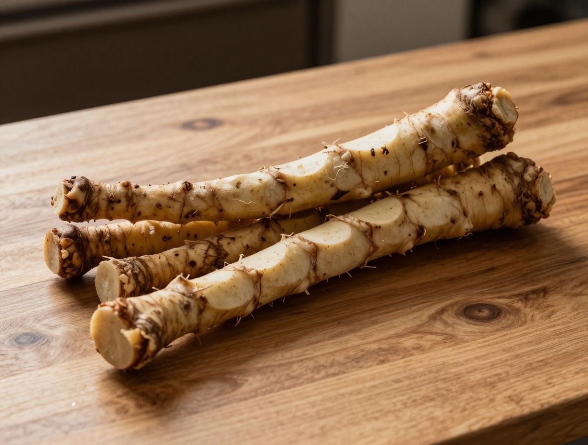 Jengibre fresco cortado en rodajas con raíces enteras sobre tabla de cocina de madera, composición natural con luz lateral cálida