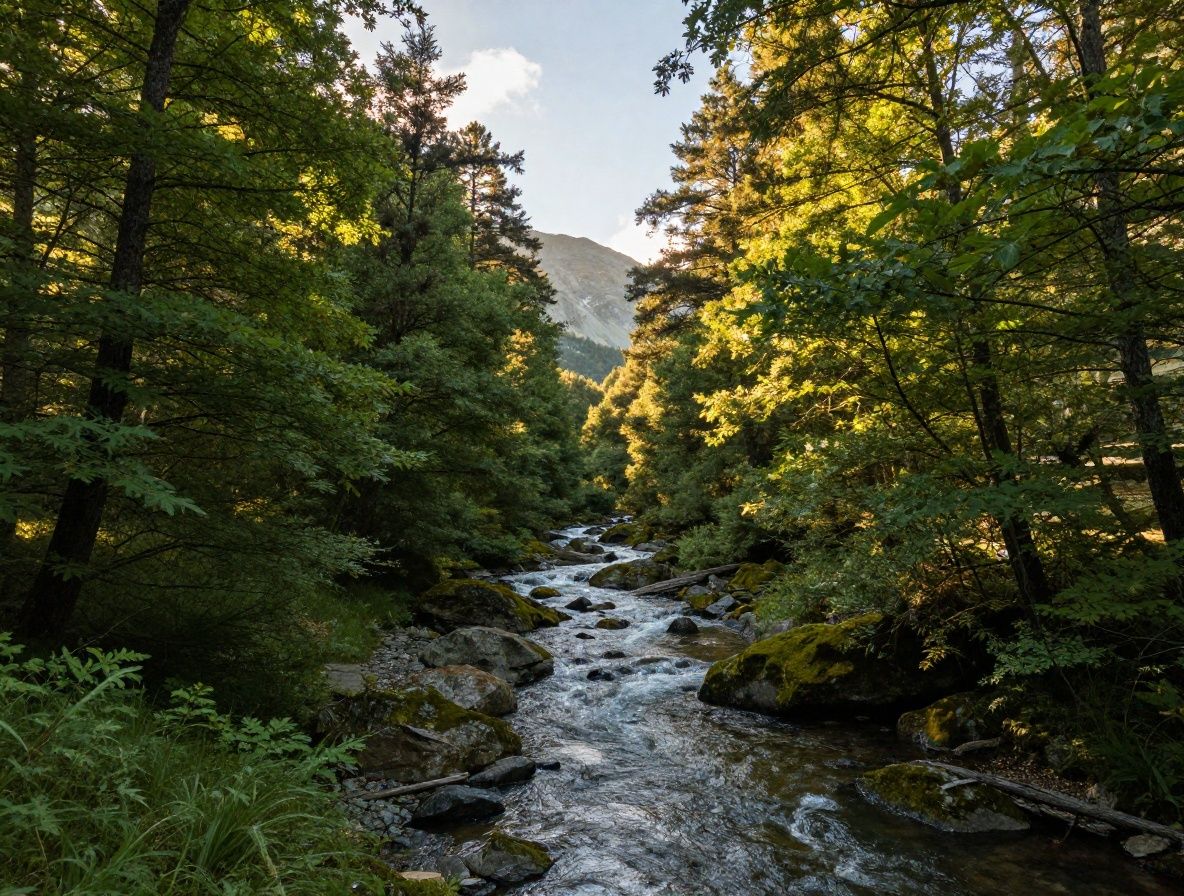 Paisaje natural tranquilo con río de montaña rodeado de bosque verde en temporada de verano, cielo despejado y luz dorada al atardecer